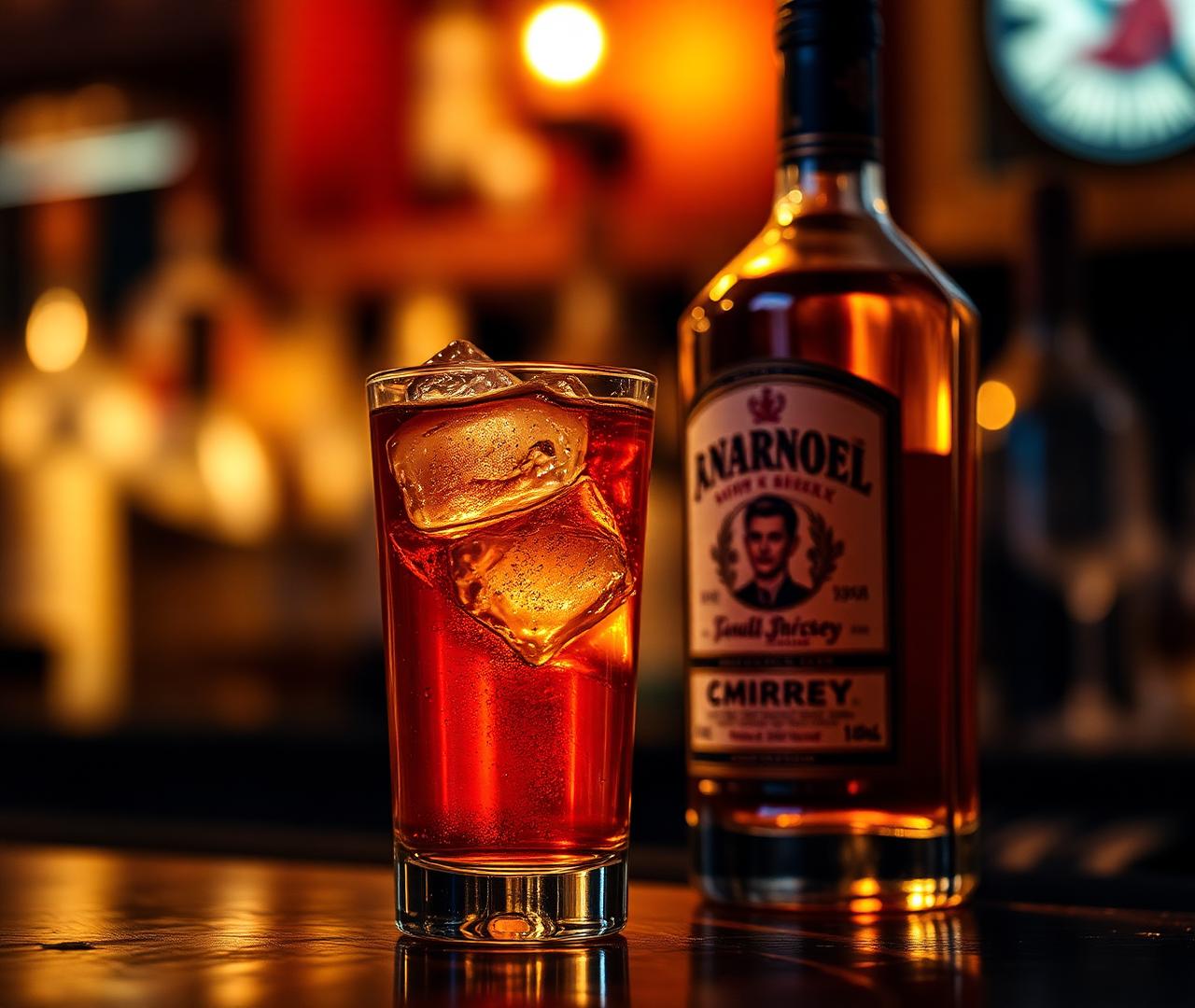 House cocktail and bottle on the bar